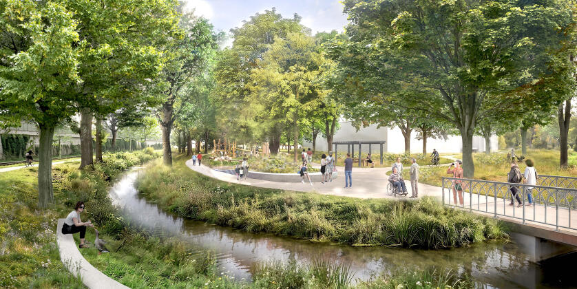 260831 Wollepark Perspektive Eingang Süd Brücke Website